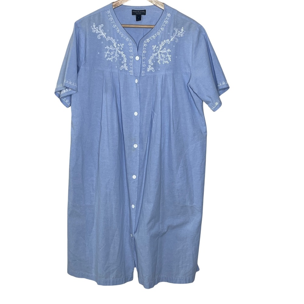 Miss Elaine Relax‎ Blue 100% Cotton Embroidered Button Front Nightgown Pockets S